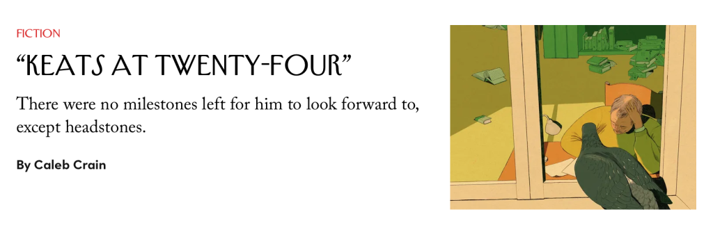 Screengrab of the title card for the short story "Keats at Twenty-Four," including a cartoon illustration of a disheveled man at a desk being eyed by a pigeon